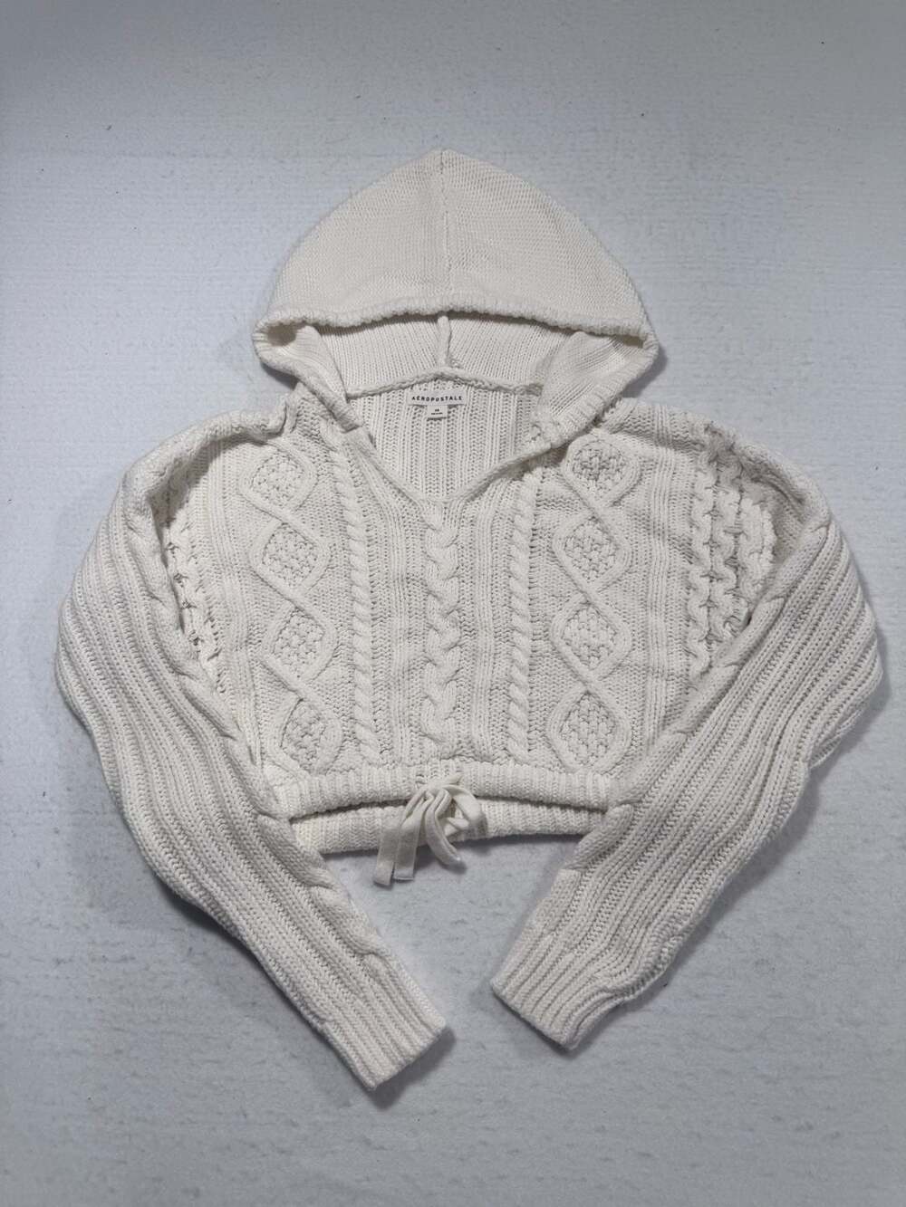 Aeropostale White Cable Knit Hooded Cropped Sweater XS
